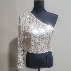 Silver Asymmetrical Sequin Crop Top